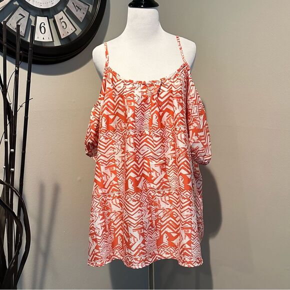 NWOT Pink Dot - Peekaboo Shouldered Blouse Coral and White Design Size 3x - Picture 8 of 10